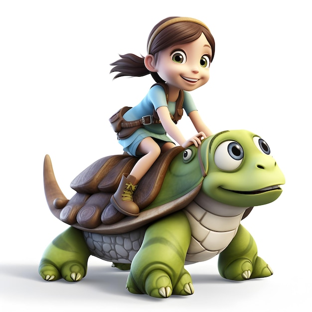 Menina montando uma tartaruga isolada em branco