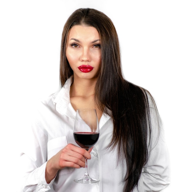 Menina morena de rosto bonito com cabelo comprido e lábios grandes, segurando o copo com vinho tinto