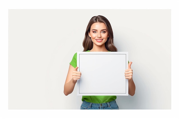 Menina mostrando um quadro branco em branco e apontando o dedo Mulher feliz mostrando um quadro em branco com área de copyspace para seu texto ou slogan Poster de bandeira