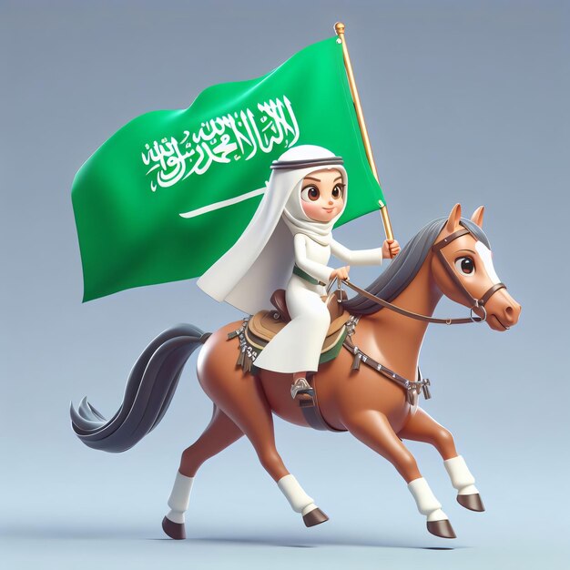 Foto menina muçulmana montando um cavalo segurando a bandeira da arábia saudita 3d renderização em fundo branco