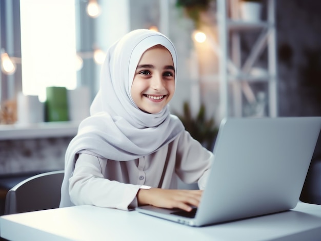 Menina muçulmana sorridente estudando na frente de um laptop conceito de escola on-line estudar em casa