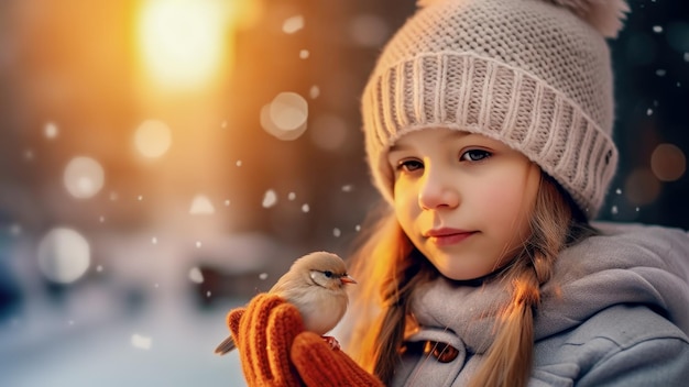 Menina muito pequena em roupas de inverno segurando o pássaro pardal na mão no fundo da paisagem de inverno