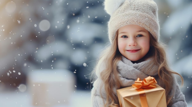 Menina muito sorridente com chapéu segurando presentes de Natal em pé contra o fundo decorado