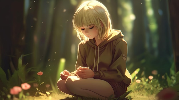 menina na floresta menina da natureza personagem de desenho animado bonito menina com flor