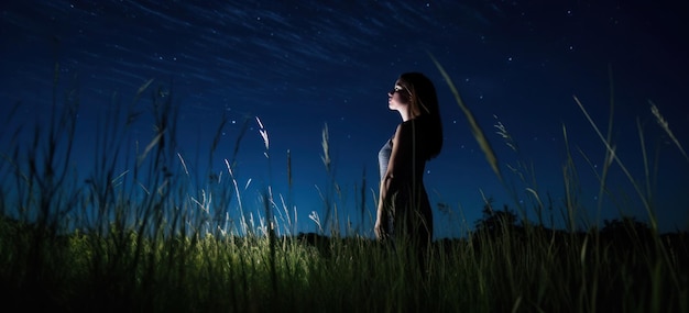 Menina na grama verde sob o céu noturno e as estrelas