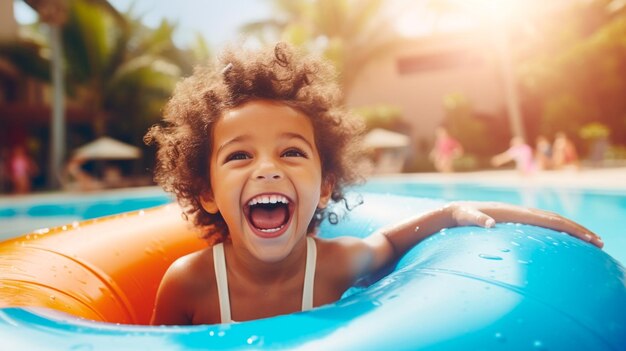 menina na piscina com anel inflável