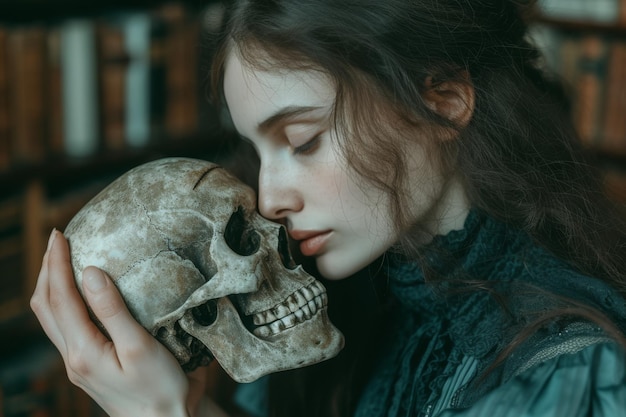 Menina nas mãos com um crânio gótico estilo sombrio sombrio teatro para ser ou não para ser Shakespeare