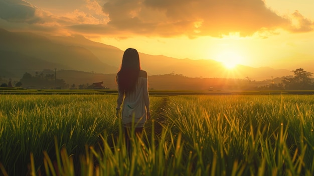 Menina natural em pôr-do-sol amarelo