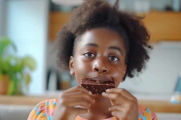 Menina negra a desfrutar de uma barra de chocolate um conceito de lanche infantil não saudável