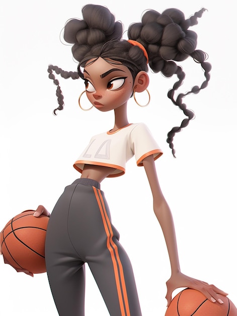 Foto menina negra jogando basquete personagem de desenho animado 3d