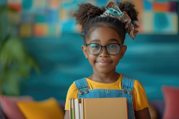 Foto menina negra na escola sorrindo usando óculos generative ai