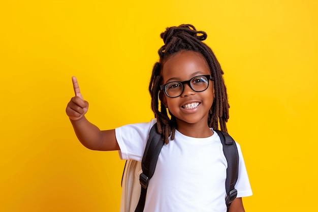 menina negra sorrindo olhando para a câmera camiseta branca dreadlocks óculos aluno