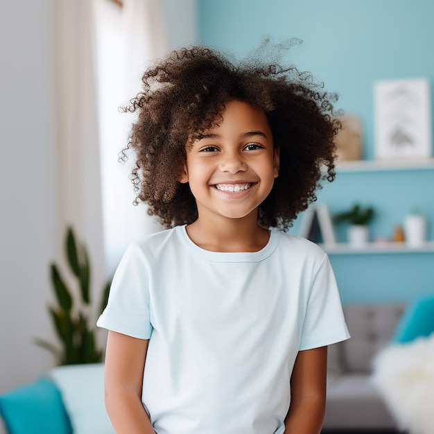 MENINA NEGRA VESTINDO CAMISA BRANCA SORRINDO NA SALA DE ESTAR AZUL CLARO