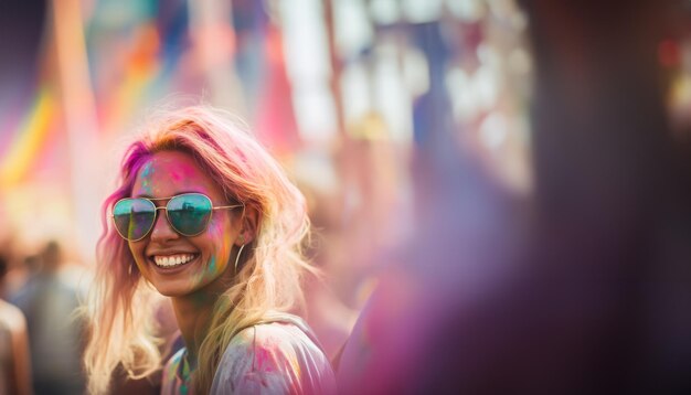 Menina no festival usando óculos de sol e segurando pincéis de pintura celebrações urbanas modernas de holi vida festiva da cidade tradições contemporâneas