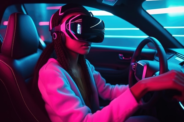 Menina no fone de ouvido VR dirige carro jovem usando IA generativa de realidade virtual