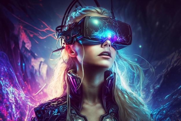 Menina no metaverso usa IA generativa de fone de ouvido VR futurista