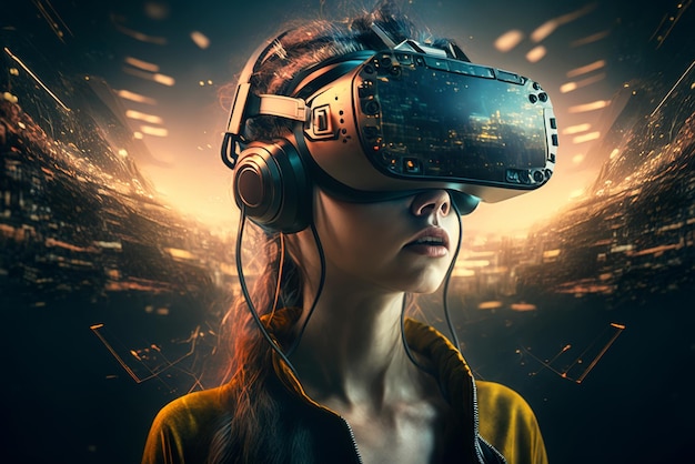 Menina no metaverso usa IA generativa de fone de ouvido VR futurista