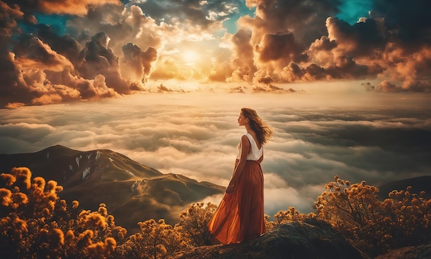 Foto menina no pico da montanha com grama verde olhando para o belo vale da montanha no nevoeiro