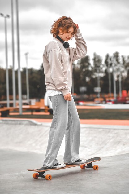 Menina no skate no parque à tarde