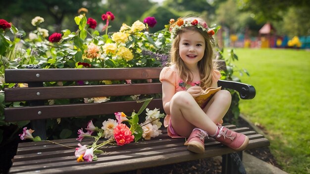 Menina num parque sentada num banco