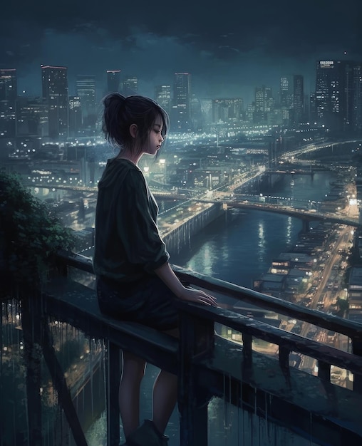 Menina olhando para a cidade à noite