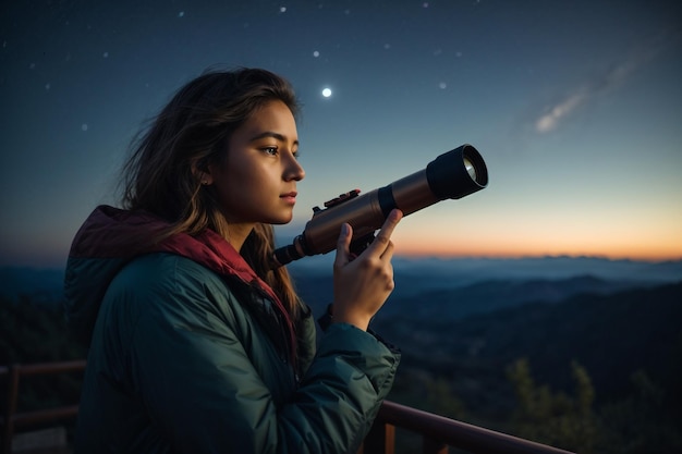 Foto menina olhando para a lua através de um telescópio