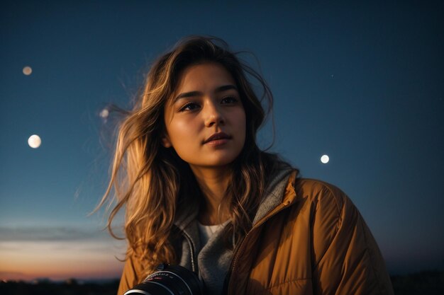 Foto menina olhando para a lua através de um telescópio