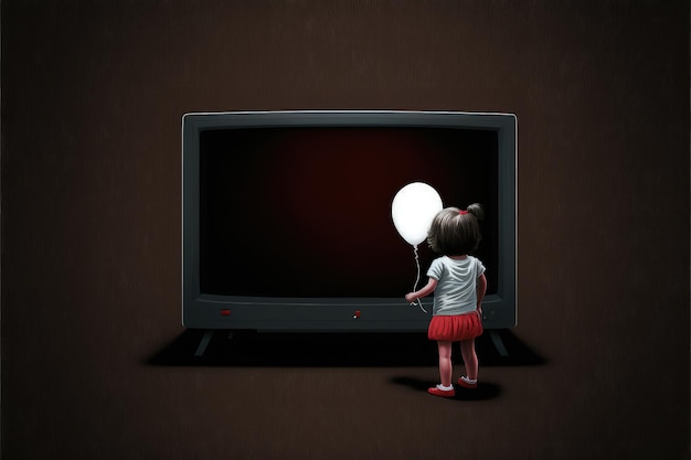 Menina olhando para um balão vermelho flutuando saindo da televisão em fundo escuro ilustração de estilo de arte digital pintando o conceito de fantasia de uma menina com balão vermelho perto da TV