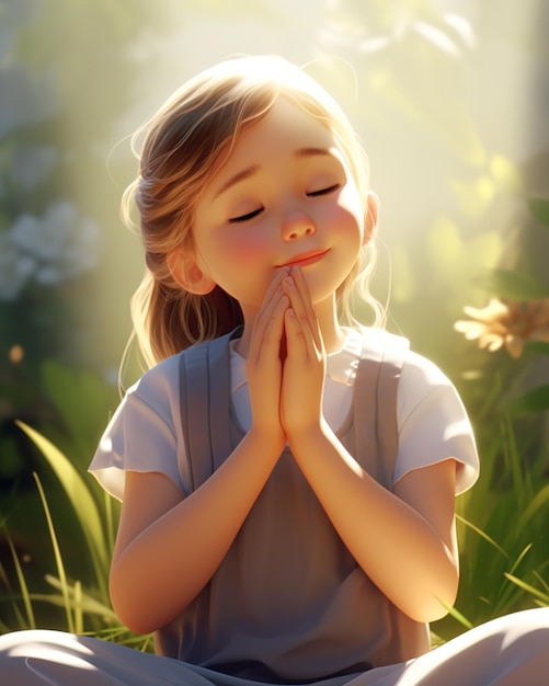 Menina orando com os olhos fechados em um campo de flores