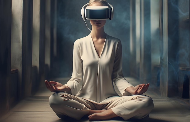 Menina ou mulher Meditação profunda Zen profunda Lotus asana pose Use fone de ouvido inteligente digital iot VR em aplicativo AR em interior japonês e kimono Generative ai