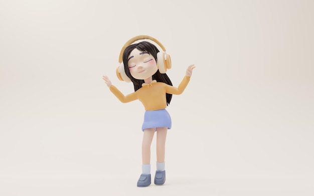 Menina ouvindo música com renderização em 3d estilo cartoon