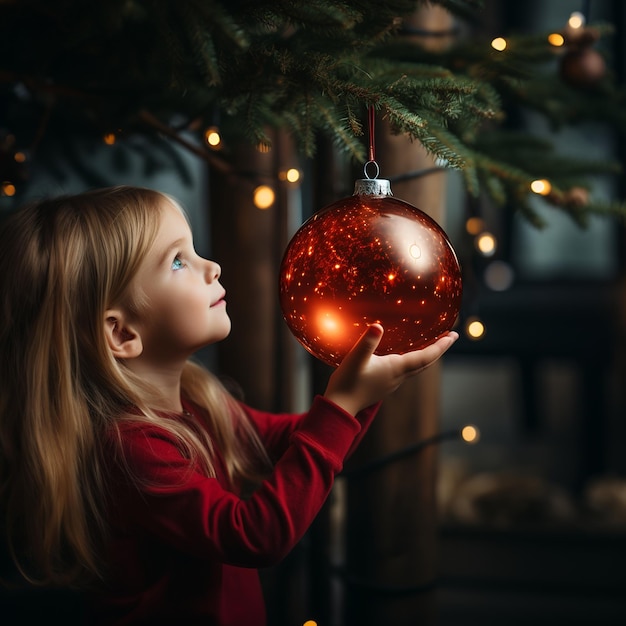 Menina pendurando enfeite de Natal na árvore Generative AI