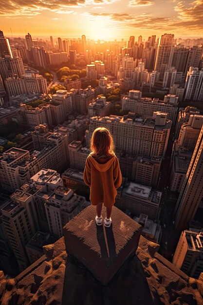 Menina pequena na frente da foto do conceito de vida nova da cidade grande