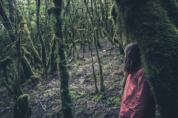 Foto menina perdida numa floresta escura e perturbadora