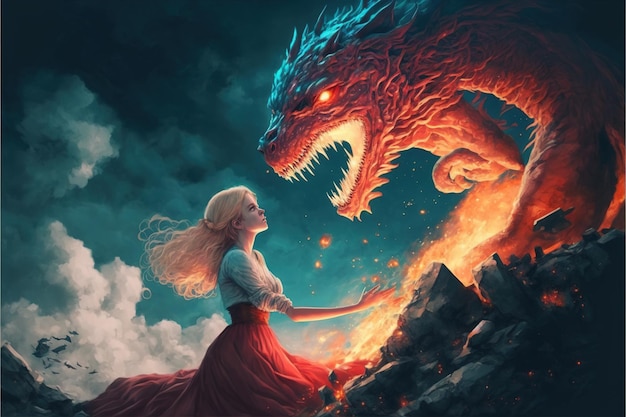 Foto menina perto do dragão cena de fantasia de uma mulher alcançando o dragão com um senhor próximo pintura de ilustração de estilo de arte digital