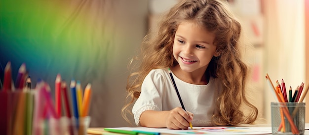 Menina pintando em casa sentada na mesa com lápis coloridos e canetas de tinta vista lateral com espaço para copiar