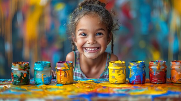 Foto menina pintando em uma mesa coberta de pintura