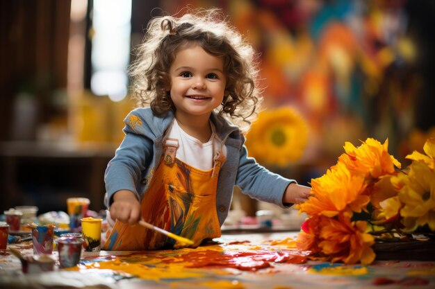 Foto menina pintando flores com um pincel