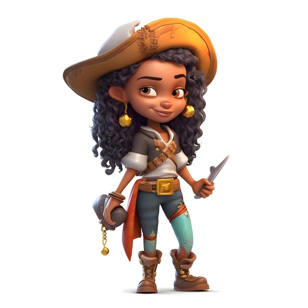 Foto menina pirata bonito dos desenhos animados com uma faca e renderização em escudo3d