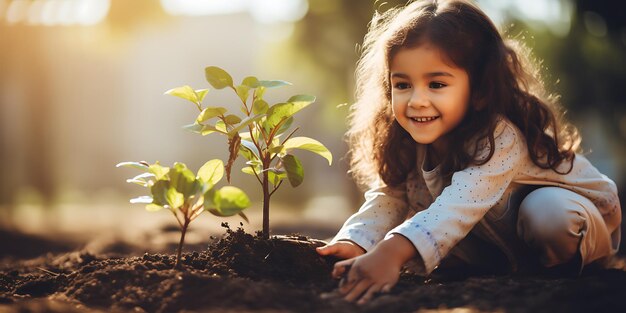 Menina plantando mudas no jardim ao pôr-do-sol Foco seletivo