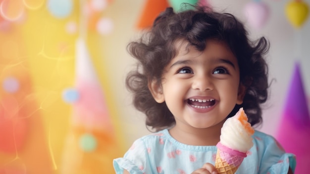 Menina POC indiana desfrutando de espaço de cópia de cone de sorvete