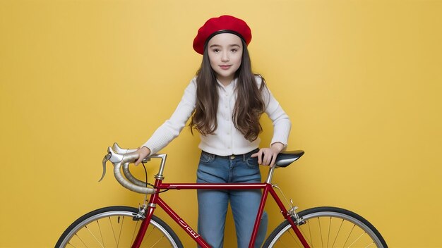 Foto menina pré-adolescente de boina vermelha posando com bicicleta criança morena isolada em amarelo