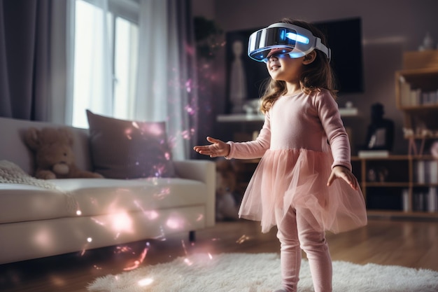 Menina princesa usando fone de ouvido VR mundo surreal e campos de flores coloridas de realidade virtual Generative AI