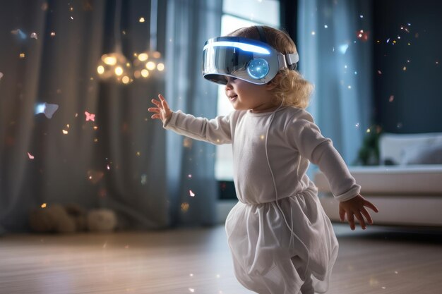 Menina princesa usando fone de ouvido VR mundo surreal e campos de flores coloridas de realidade virtual Generative AI