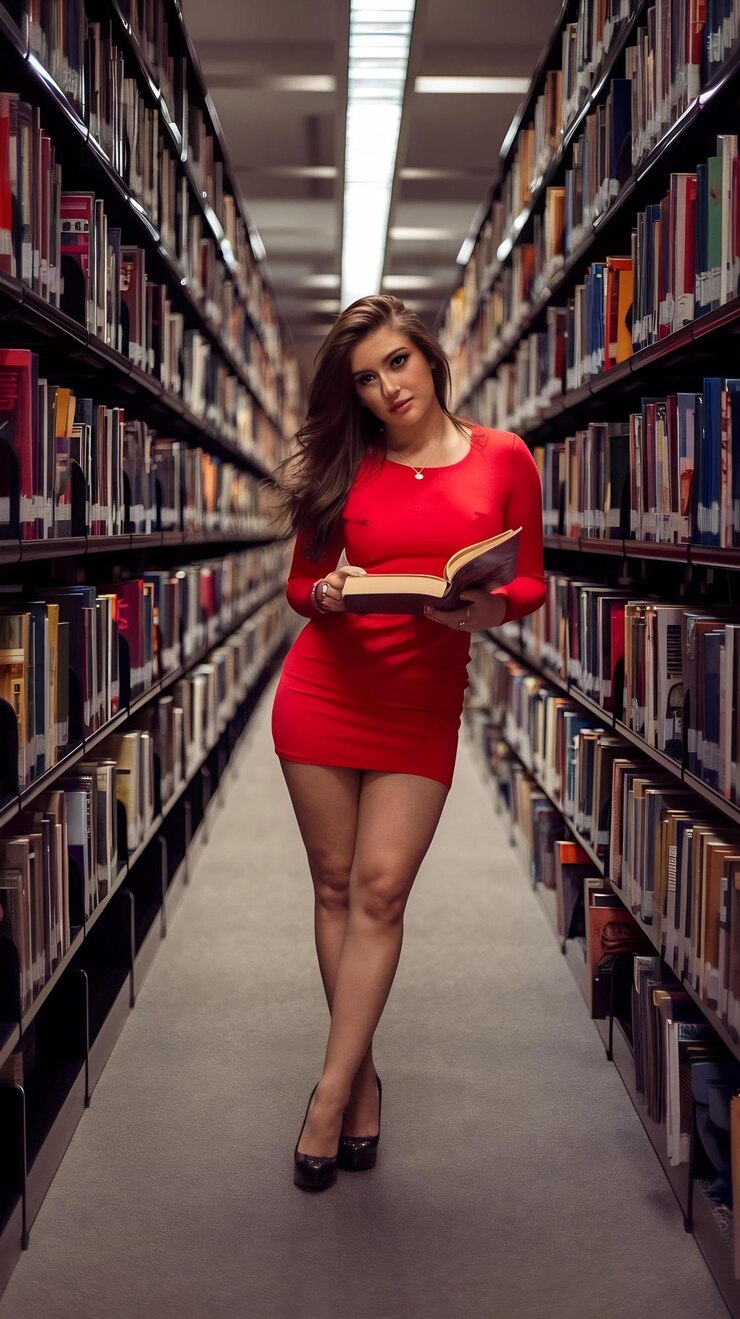 Foto menina quente de vestido vermelho curto com um livro na mão na biblioteca.