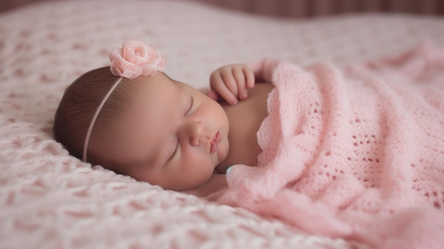 Menina recém-nascida dorme no blanke rosa