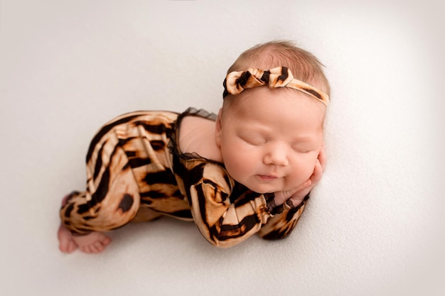 Menina recém-nascida dormindo nos primeiros dias de vida em um fundo branco Macro retrato de estúdio de uma criança Imagem de um filhote de tigre Bebê recém-nascido em pijama de tigre Roupas de bebê listradas de preto e laranja