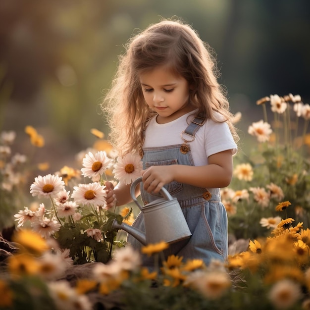 Foto menina regando flores em um campo de flores