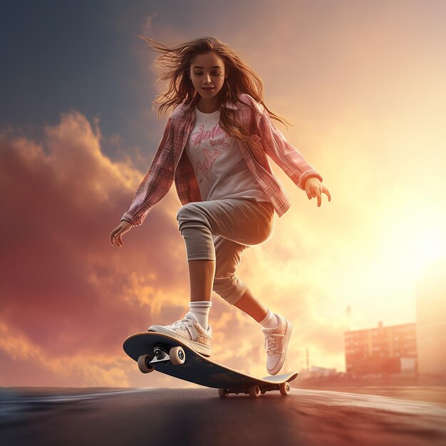 Menina renderizada em 3d em um skate desfrutando de patinação