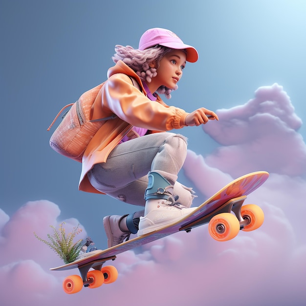 Menina renderizada em 3D em um skate desfrutando de patinação